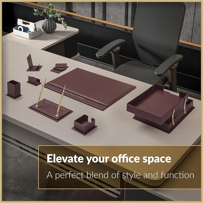 MOOGCO 12-Piece Leather Desk Set — Desk Pad 23.2" x 15.4", Double Document Tray, Pen Holder — Desk Organizer Set for Home Office & Executive Desk Accessories