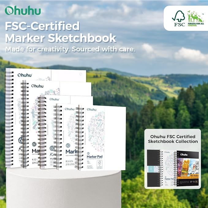 Ohuhu Double-Sided Marker Pad Sketchbook Bleedproof - 11"x14" Large Paper Size - 90 LB/150 GSM Smooth Drawing Paper - 60 Sheets/120 Pages - Spiral Bound Sketching Book for Alcohol Markers