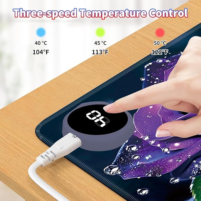 Heated Desk Pad Large Mouse Pad 23.6 x 14.1 inch with 3 Levels Heating & Auto Shut-Off Warm Mouse pad PU Leather Computer Mousepad for Home Office Work - Purple Rose Flower