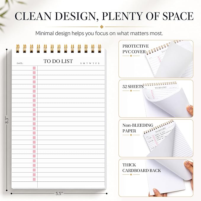 To Do List Notepad, Undated Daily Planner Notepad, A5 (5.5" x 8.3"), Pink | To Do List Notebook, Checklist Planner, Waterproof Spiral Notepad, for Work, Office Supplies, School Planner, 52 Sheets/Pack