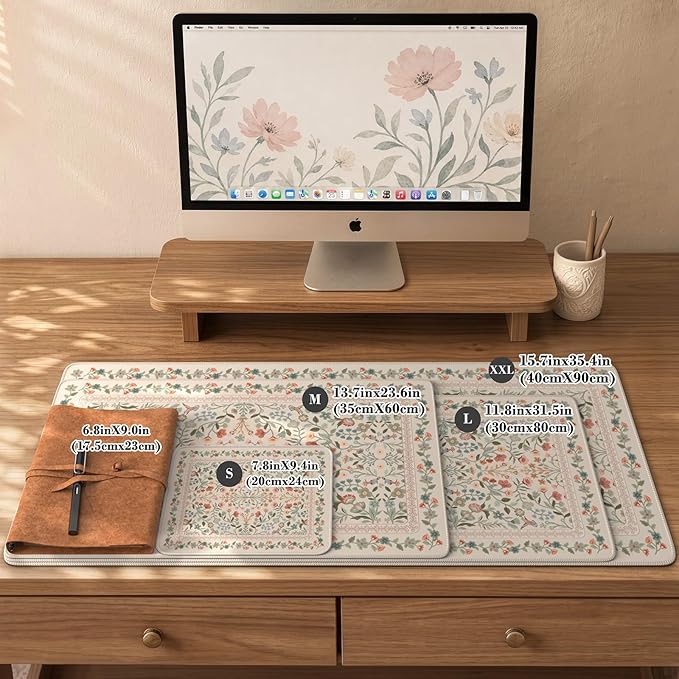 iCasso Aesthetic Flower Mouse pad for Laptop, Desk Pad Mat, Desk Matt for Desktop 13.7"x23.6", Anti-Slip Mousepad with Stitched Edges for Laptop Computer Keyboard(Beige)