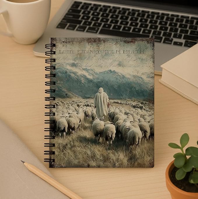 bitCNY Spiral Notebook 8.3 x 5.5 Inches, Good Shepherd Christian Art Cover, Biblical Shepherd and Sheep Journal, Lined Notebook for Bible Study Prayer and Notes