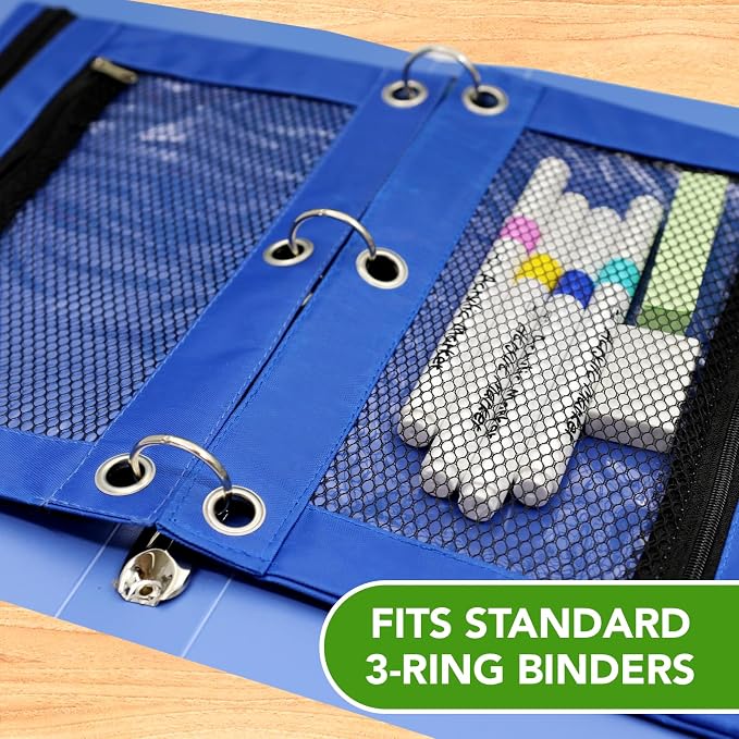 Pencil Pouch for 3 Ring Binder, Heavy Duty Canvas Dual Zipper Pen Bag with Clear Window, Smooth Metal Zipper, Fit Standard 3-Ring Binders for School Office Travel Supplies (Blue)