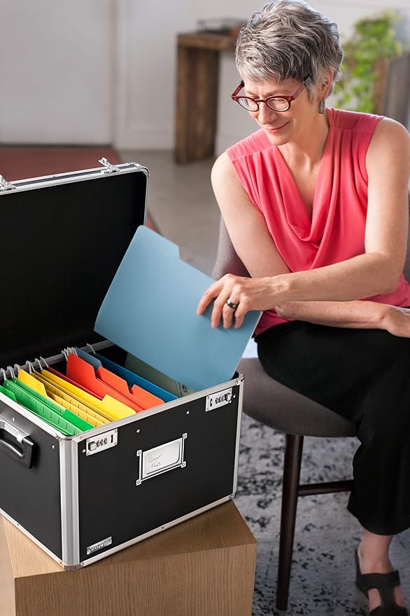 Vaultz Portable File Box, Legal/Letter, Dual-Combination Lock, 17.5x14 In | Sturdy PVC frame with metal rails for hanging files, side handles for carrying, chrome-plated lock accents, black finish