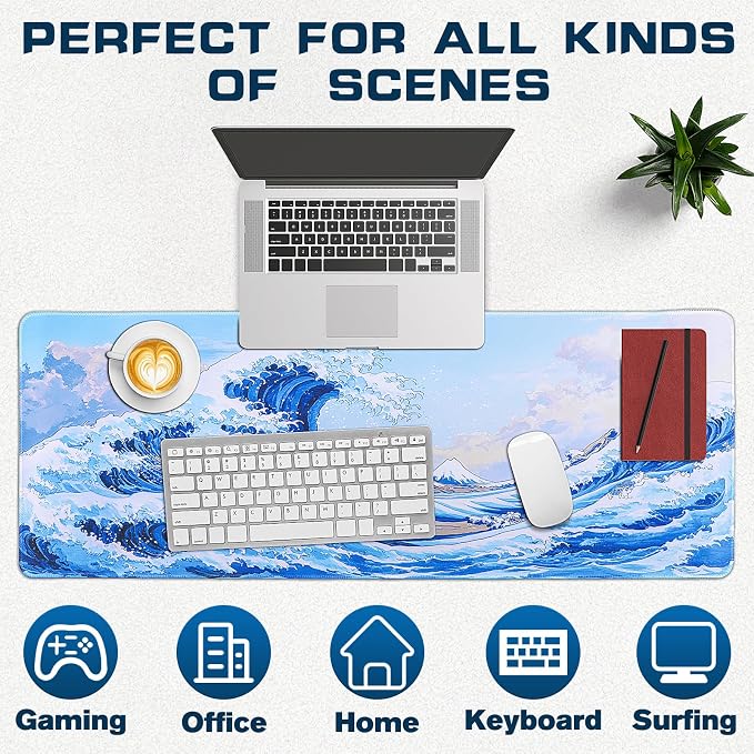 Mouse Pad Gaming - Desk Mat for Keyboard and Mouse - Kanagawa Cartoon Large Mouse Pads for Desk, Japanese Wave Gaming Mousepad (31.5" X 11.8") with Non-Slip Base for Game, Office and Home