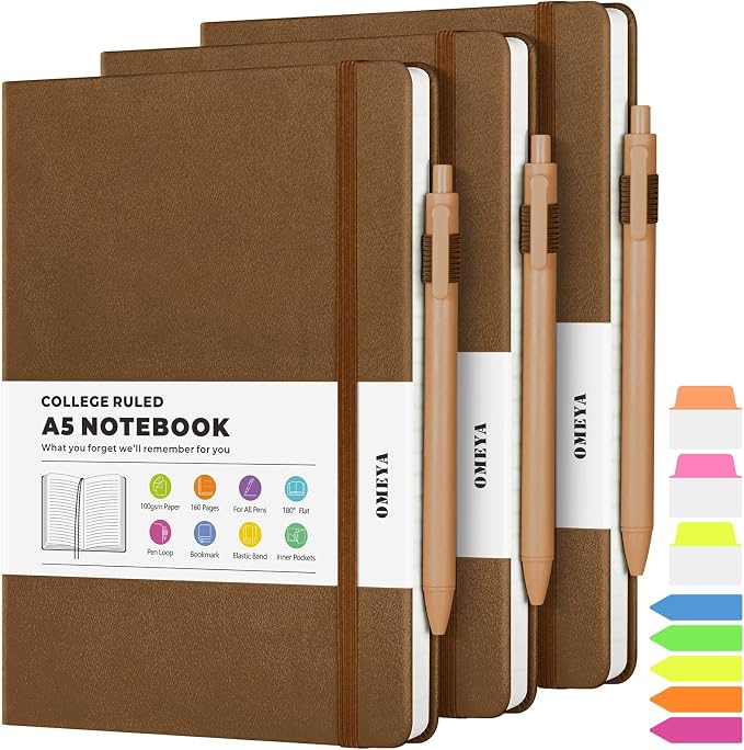 Lined Journal Notebook, 3 Pack A5 College Ruled Notebooks for Work, Hardcover Notebook Each with 2 Pockets & Pen, Leather Journal for Women, Men, 160 Pages, 100GSM Thick Paper ( Brown 5.7" x 8.3" ) | Each 160 Lined Pages, 5.75" x 8.38", PU Leather Hard...