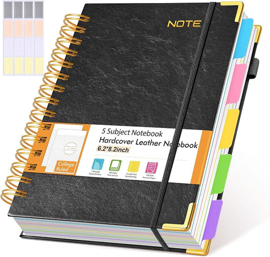 Hardcover Spiral Notebook with Removable Dividers Tabs, 300 pages Leather 5 Subject Notebook College Ruled, 6.2" x 8.2" Journal for Women Men, Small Notebooks for Work School Note taking,A5 Black