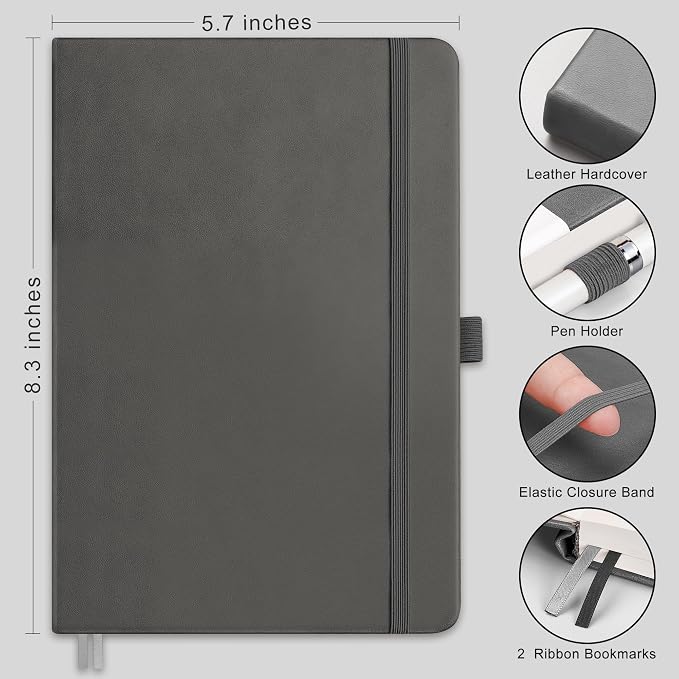 RETTACY Dotted Journal Notebook, 192 Pages, A5 Medium Size (5.7'' x 8.3'') | Leather Hardcover, 100 GSM Thick Paper, for Journaling, Planning, Tracking (Gray)