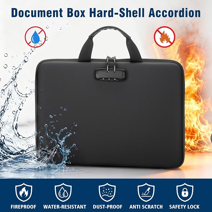 Fireproof Document Box with Lock, Hard-Shell Case Fireproof File Organizer with 13 Pocket Accordion File Folder, Portable Home Office Travel Safe Storage for Important Documents Laptop