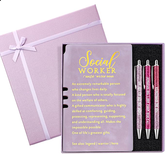 Resurhang 5 Pcs School Social Worker Must Haves Office Supplies Gift Leather Journal Notebook 3 Ballpoint Pens with Box Thank You Social Work Appreciation Gift for BSW MSW DSW(Purple)
