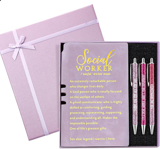 Resurhang 5 Pcs School Social Worker Must Haves Office Supplies Gift Leather Journal Notebook 3 Ballpoint Pens with Box Thank You Social Work Appreciation Gift for BSW MSW DSW(Purple)