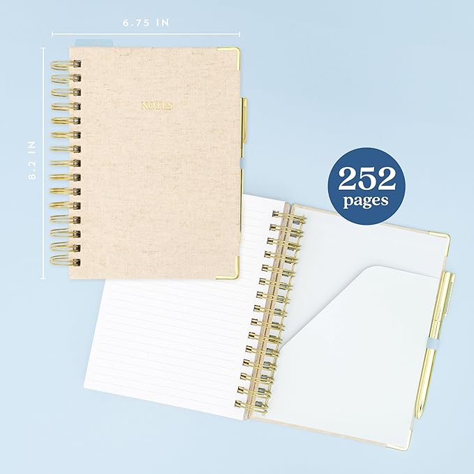 ELYN Lined Spiral Journal, Linen Hardcover Notebook with Matching Gold Gel Pen, 252 Pages, 8 in x 5 in - 100 GSM Premium Paper, Spiral Notebook for Home, Office, Notes & Gifts, (Blue)