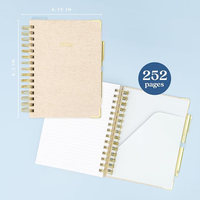 ELYN Lined Spiral Journal, Linen Hardcover Notebook with Matching Gold Gel Pen, 252 Pages, 8 in x 5 in - 100 GSM Premium Paper, Spiral Notebook for Home, Office, Notes & Gifts, (Green)