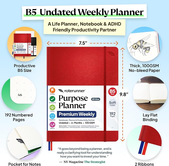 Roterunner Purpose Planner Notebook B5 7.5”x9.8” Undated 2026 Daily Weekly and Monthly Productivity Goal Setting Tool for Work Home ADHD for Adults Self Care Journal