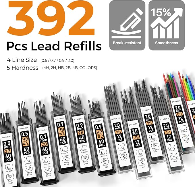 STAGEEK 25PCS Art Mechanical Pencil Set, 3PCS Metal lead pencil 0.5, 0.7, 0.9, 2PCS 2mm Drawing Pencil (HB 2H 2B 4B Color) with 392PCS Graphite Leads, Eraser with Case for Drafting Drawing Writing