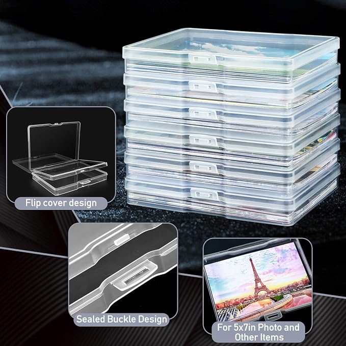 6 Pack Photo Storage Box 5 x 7 Inches, Photo Organizers and Storage | Clear, Acid-Free Photo Storage Container, Stackable Craft Keeper for Photos, Cards, Stamps, Scrapbooking, Office Supplies etc