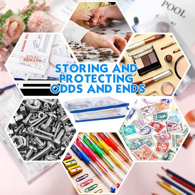 Handepo 100 Pack Mesh Zipper Pouch Pencil Pouches Bulk Clear Storage Bag Small Waterproof Purse Bag Multipurpose for Cash Board Game Passport Office(A6/9.45x4.53in,White Pouch Blue Zipper)