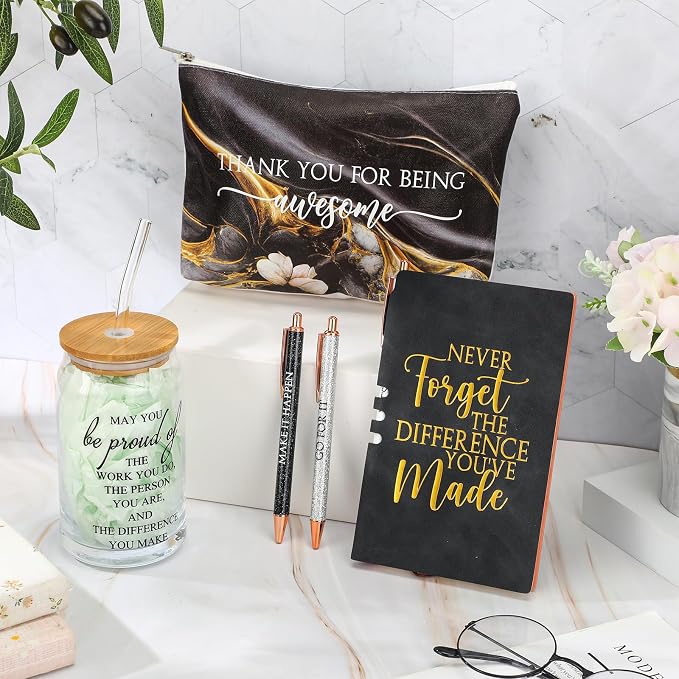Funnymoom 6 Pcs Appreciation Gifts Set for Women Back to School Teacher Gifts Employee Thank You Gift with 17 oz Glass Tumbler Journal Pens and Pouch for Coworkers Educators,Marble,Black