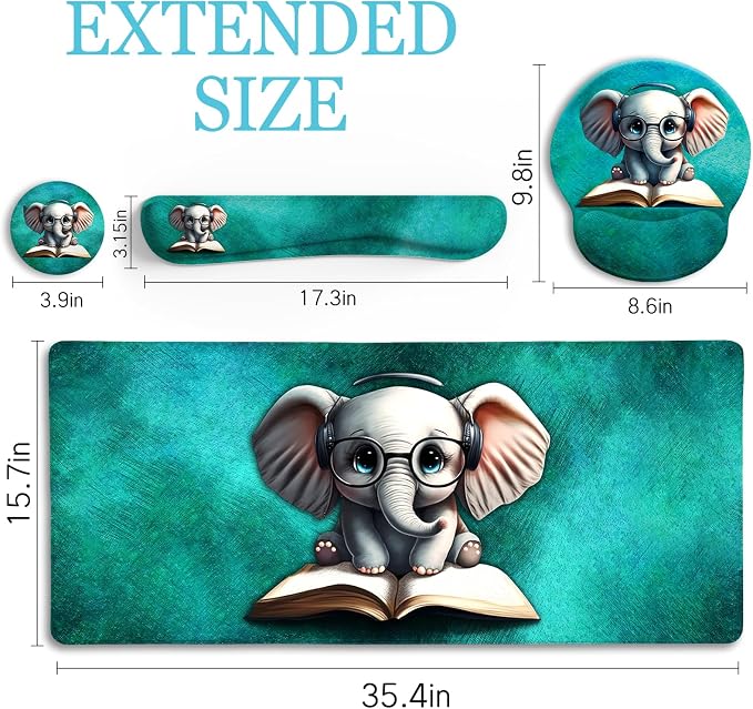 LIMKRIAN Large Desk Mat Set, Mouse Pad with Wrist Rest, Cute Elephant | Ergonomic Wrist Support Keyboard Mat, Coaster, Gaming Mouse Pad, Home Office Desk Accessories Decor Supplies for Women Gifts