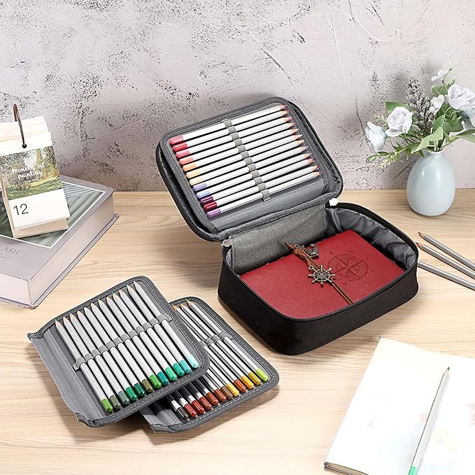 BTSKY® High Capacity Zipper Case- Multi-Functional for Stationery and Pencil, 72 Slots Colored Portable Bags With 2 Removable Sleeves(Black)