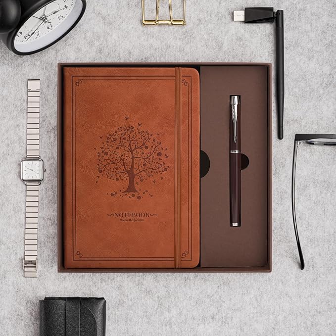 Lined Notebook with Gift Box for Women Men 320 Pages A5 Hardcover Leather with Pen Holder College Ruled Journals for Work Note Taking Travel School Brown
