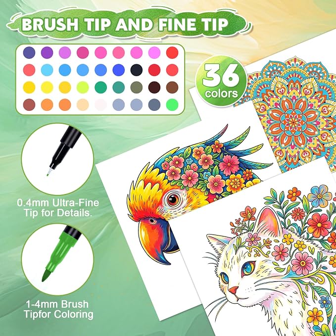 Adult Coloring Book Set with Markers, 36 Colors Makers with 2Pack Adult Coloring Books for Adults Relaxation Calming, 48 Patterns,Anxiety Relief Gifts for Women Painting,Calligraphy, Doodling Journal