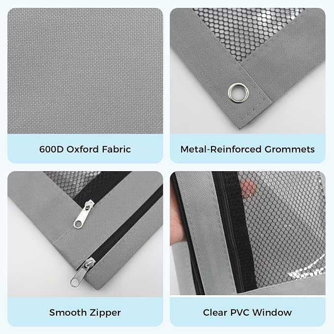 Pencil Pouch for 3 Ring Binder, Pencil Case Bag with Zipper, 600D Fabric Pencil Pouch Holder Accessories, Clear Window Pencil Case Aesthetic Back to School Organizer Pockets for Boy Girl (Grey)