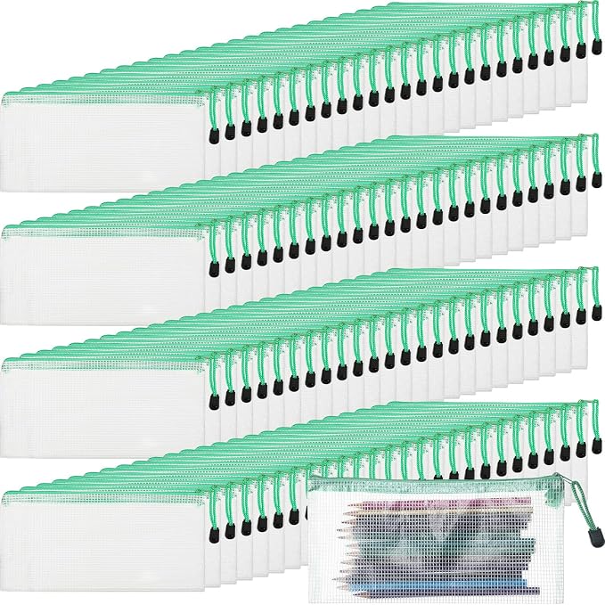 Handepo 100 Pack Mesh Zipper Pouch Pencil Pouches Bulk Clear Storage Bag Small Waterproof Purse Bag Multipurpose for Cash Board Game Passport Office(A6/9.45x4.53in,White Pouch Green Zipper)