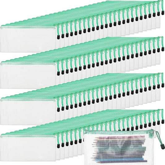 Handepo 100 Pack Mesh Zipper Pouch Pencil Pouches Bulk Clear Storage Bag Small Waterproof Purse Bag Multipurpose for Cash Board Game Passport Office(A6/9.45x4.53in,White Pouch Green Zipper)