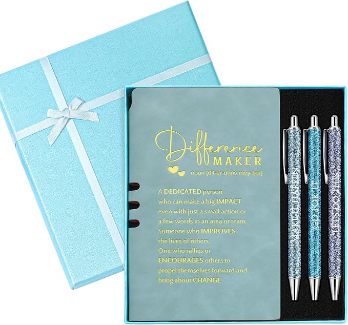 Thenshop 5 Pcs Difference Maker Gifts Journal with Pen Leather Notebook 3 Ballpoint Pens Box Thank You Gift for Nurse Boss Employee Coworker Teacher Volunteer Social Worker Assistant(Blue)