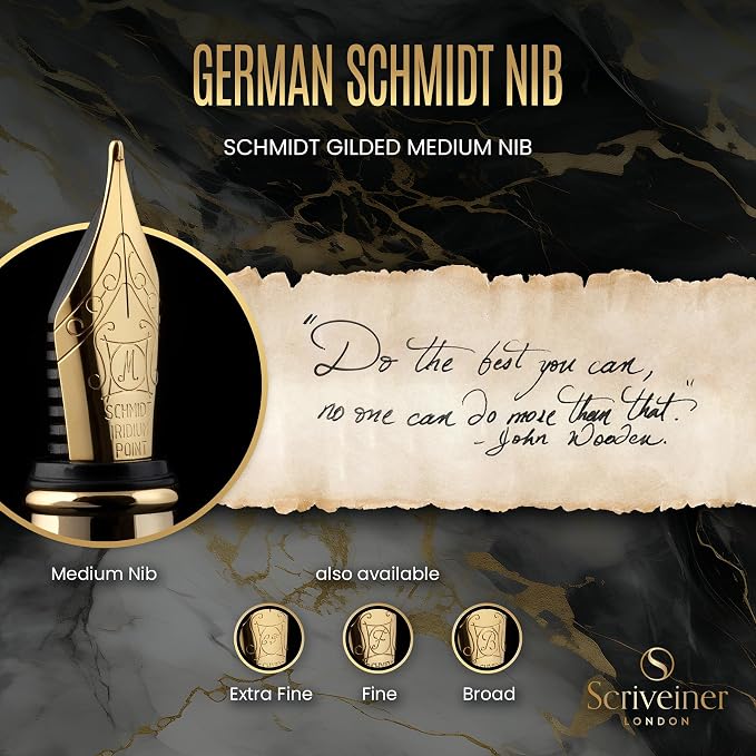 Scriveiner Luxury Fountain Pen - Stunning Black Lacquer Pen, Real Gold Finish, Schmidt Gilded Nib (Medium), Converter, Best Pen Gift Set for Men & Women, Professional, Executive, Office, Nice Pens