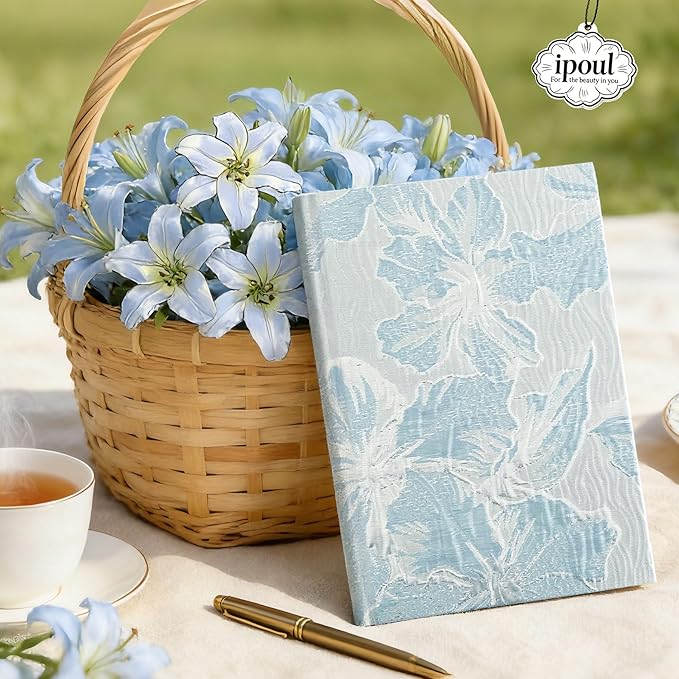 Hardcover Journal, Flower Notebook, A5, 6x8, Lined Pages, Lay-flat, Beautiful Journal for Women, Lily Flower, Blue Journal for Writing, Personal Notebook, Dream Journal, Self Care Journal