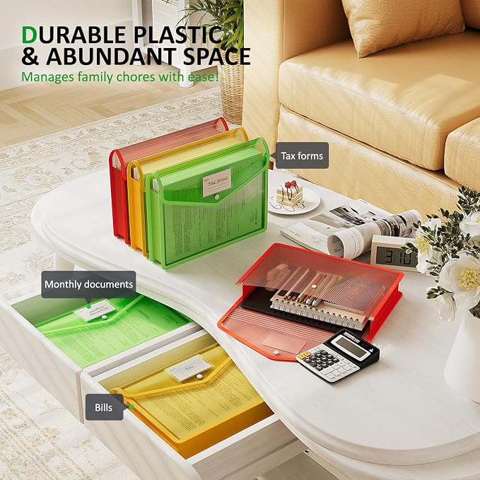 ThinkTex Plastic Expanding File Folders, Transparent Envelopes with Snap Closure, No Dividers, Large Capacity, Document Organizer for Bills & Taxes, Letter/A4 Size for School, Office, Home - 3 Pack
