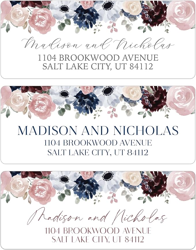 Return Address Labels Personalized with Your Choice of 30 Flower Styles - Choose Font and Font Color or Add Custom Text - Perfect for Wedding Envelopes (020 Navy, Blue, and Pink Flowers)