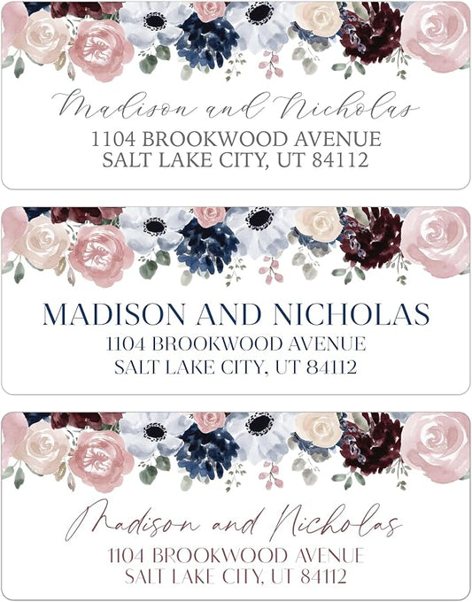 Return Address Labels Personalized with Your Choice of 30 Flower Styles - Choose Font and Font Color or Add Custom Text - Perfect for Wedding Envelopes (020 Navy, Blue, and Pink Flowers)