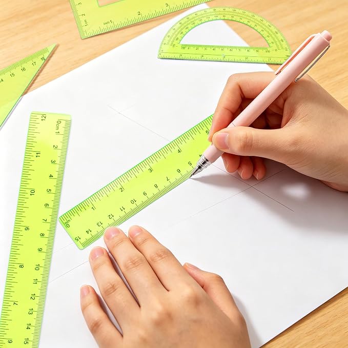 Plastic Clear Ruler Math Set - 6'' 12'' Transparent Straight Ruler, 4'' 6'' Protractor, 30/60 & 45/90 Triangle Ruler, Geometry Math Measuring Tool for School Home Office Drawing Teachers Kids Yellow