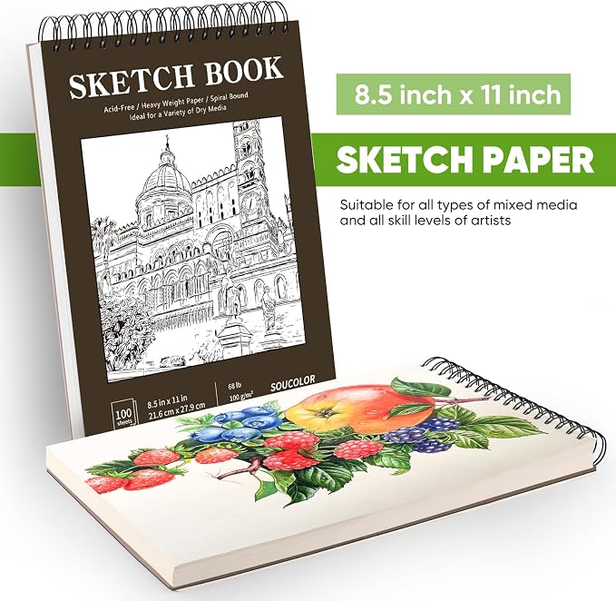 Soucolor Sketchbook 8.5x11,100 Sheets Thick Acid-Free Drawing Paper | 68lb/100gsm Lay Flat Sketch Pad Art Notebook for Adults Artists Teachers Students Classroom