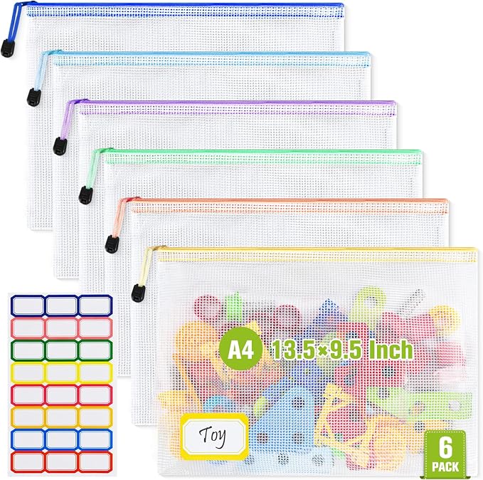 Mesh Zipper Pouch Bags: Clear Zipper Pouches for Classroom, Plastic Mesh Bag Letter Size Document Pouch, A4 Waterproof Organizing Pouch for School and Office Supplies (13.5 x 9.5Inch, 6PCS, 6 Color)