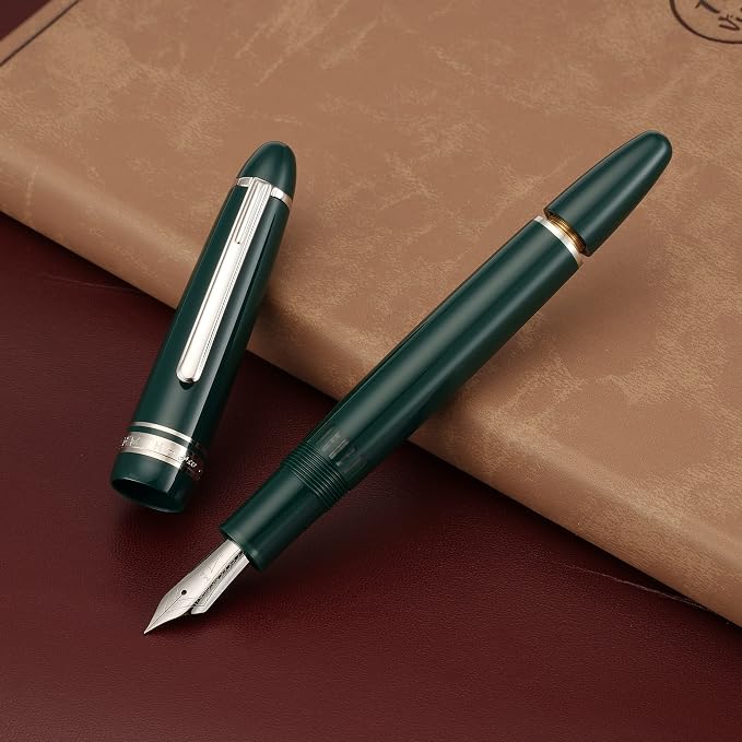 erofa Majohn P136 Piston Fountain Pen 1.1mm Stub Nib with Box, Green Resin Writing Gift Pen Set