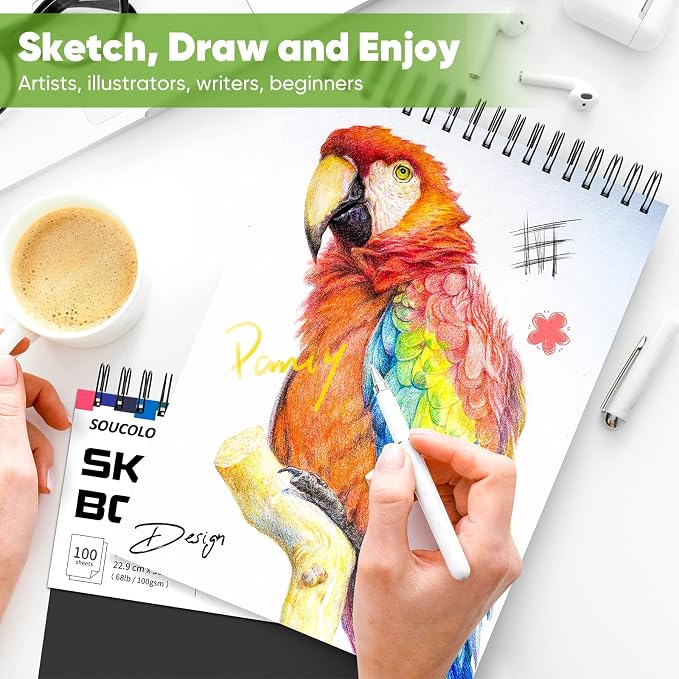 Soucolor Artist 9x12 Sketch Book Set, 4 Pack 400-Sheet Spiral Drawing Pads | Skerch Book for Adults 68lb/100gsm | Acid-Free Drawing Paper for kids Art Supplies,Charcoal,Graphite,Pastel Pencils & Sticks