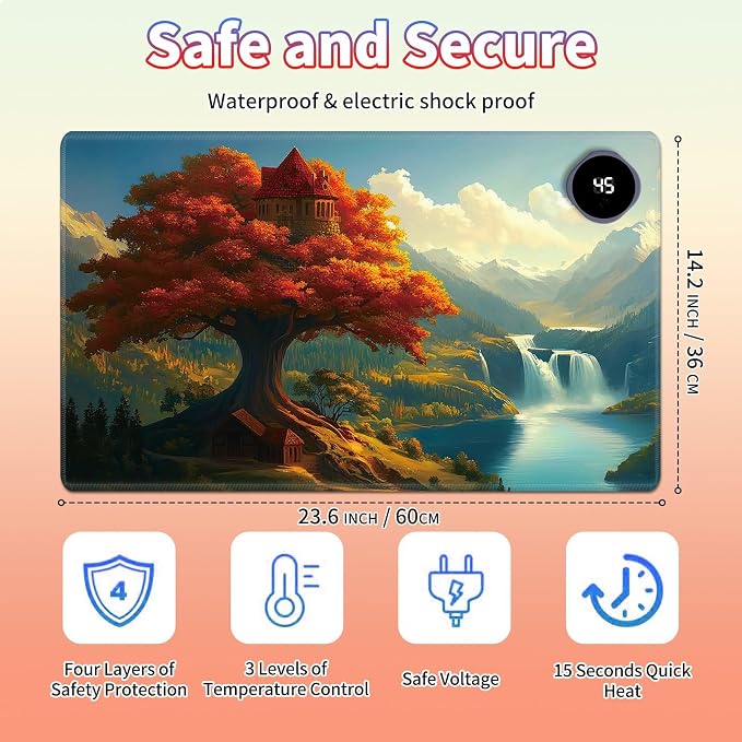 Heated Desk Pad Large Mouse Pad 23.6 x 14.1 inch with 3 Levels Heating & Auto Shut-Off Warm Mouse pad PU Leather Computer Mousepad for Home Office Work - Maple Leaf