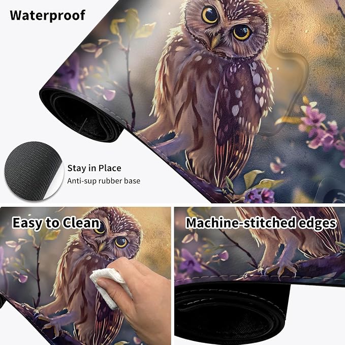 Heated Desk Pad Mouse Pad,Heated Desk Mat,with 3 Heating Levels & 3 Hours Auto Shut-Off,Leather 23.6"*14.2" Gaming Mouse Laptop Mat,Foot Warmer,Cute Owl Purple