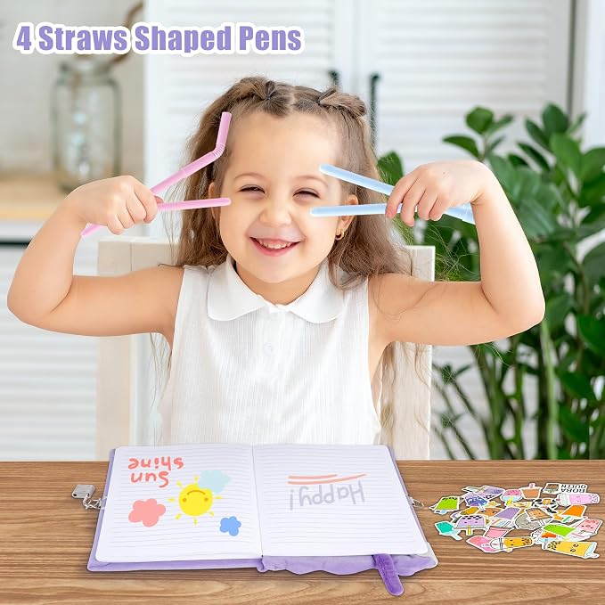 All In One Gift Kit for Girls – Back to School Supplies, Lock and Key Plush Journal Stationery Set with 53 Stickers, 1 Bracelet, 1 Coin Purse, 4 Straws and 3 Sticky Notes, Journaling Kit for Kids, Tweens & Teens (Purple Boba)