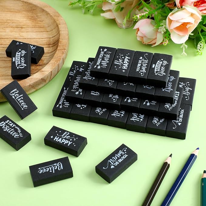 Dunzoom 100 Pcs Back to School Inspirational Pencil Erasers Bulk for Kids Fun Motivational Eraser School Office Supplies for Students Classroom Office Teacher Artists(Classic)