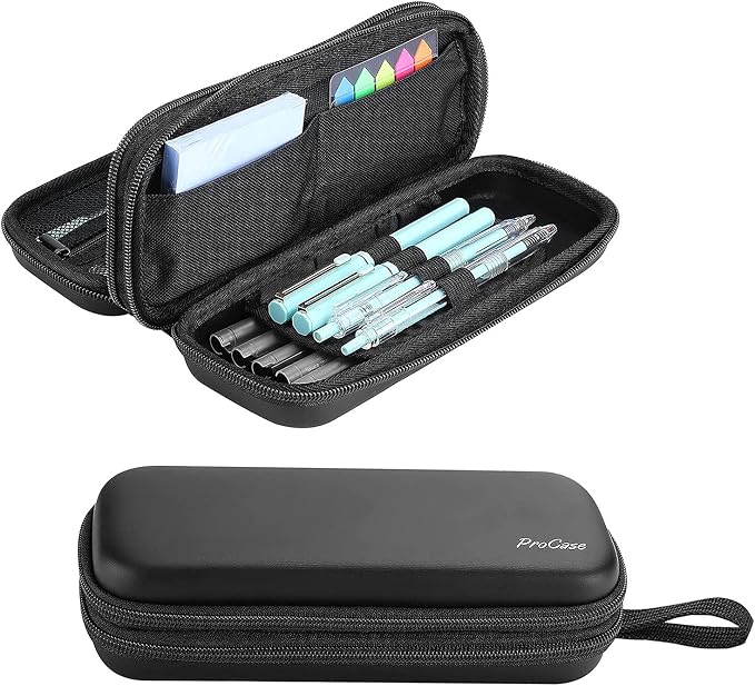 ProCase 2-Layer Hard Pencil Case, Large Capacity Storage Box Pouch, Black | Stationery Holder Organizer with Zipper Fits Pens Desk Office & School Supplies