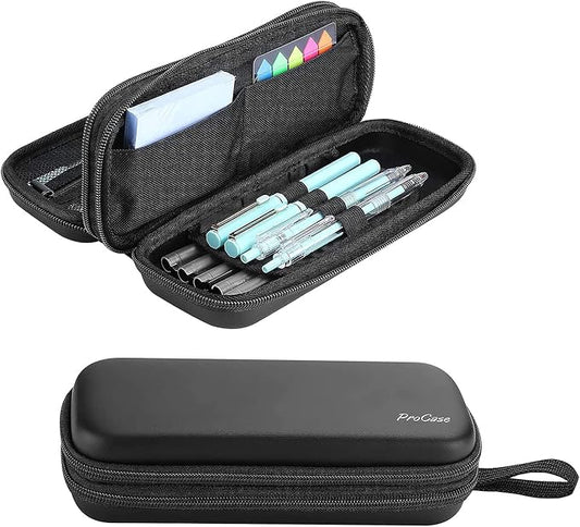 ProCase 2-Layer Hard Pencil Case, Large Capacity Storage Box Pouch, Black | Stationery Holder Organizer with Zipper Fits Pens Desk Office & School Supplies