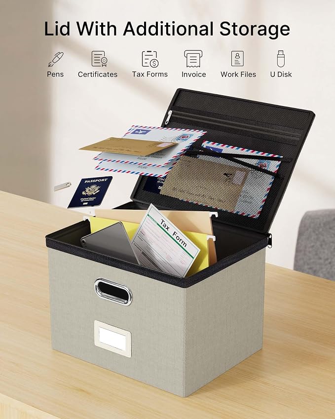 Oterri File Box Large 1-Pack Hanging Organizer for Letter/Legal-Size Folder | Dustproof Lid. 3 Mesh Pockets. Collapsible Scratch-Resistant GRS Linen. Slide Rails. Office, Home, Dorm
