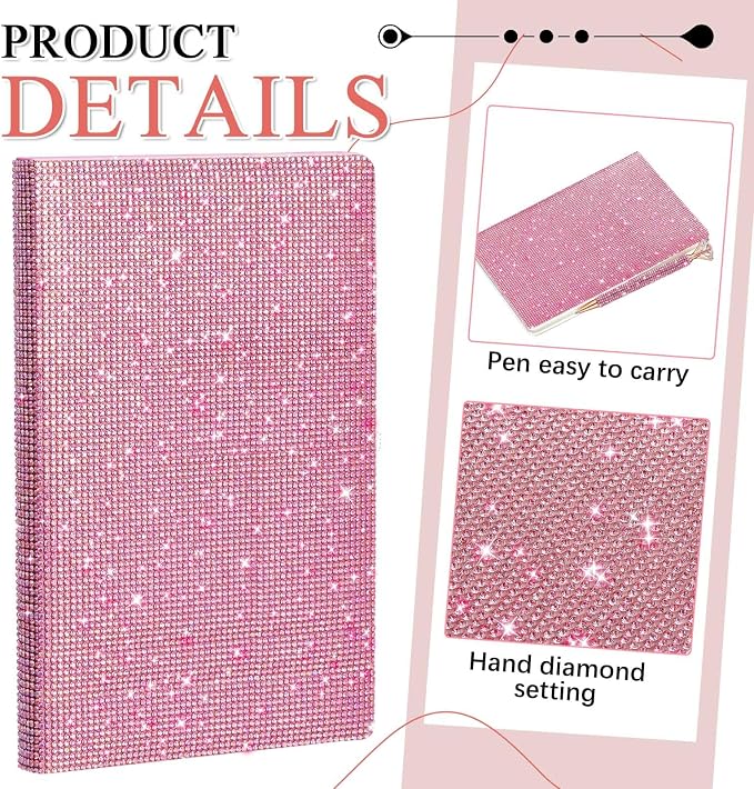 Rhinestone Pen & Glitter Notebook Set, Hard Cover Bling Diary Journal for Girls, Cute School Supplies for Back to School, Sparkly Desk Accessories Gift for Women(Rhinestone,A5,Pink)