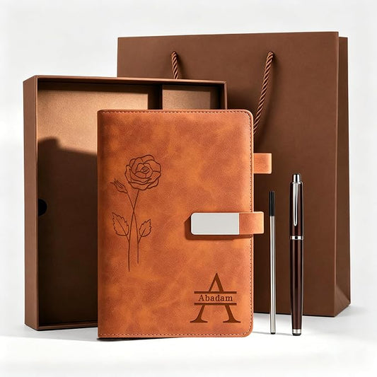 CRME Personalized Leather Journal with Pen and Gift Box,Custom Name Engraved A5 Hardcover Notebook for Work Business Travel,Personalized Notebook and Pen Set for Men Women,5.8"x 8.3",Brown