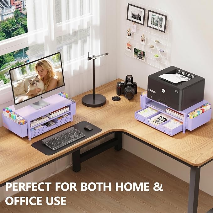 OPNICE Desk Organizers and Accessories, 2-Tier Computer Monitor Stand Riser with Drawer and 2 Pen Holders, Laptop Stand, Office Desk Accessories for Office Supplies, Purple